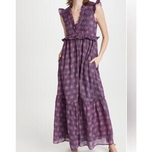 Banjanan Constance Ruffled Maxi Dress XS Floral Cotton Block Print India
